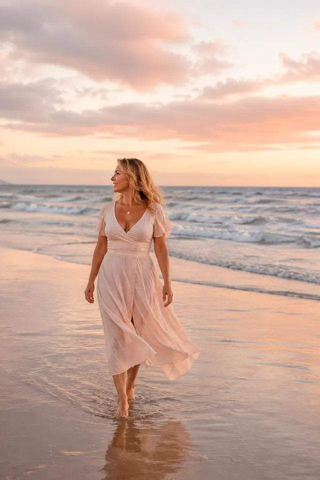 Aline walking on the beach at sunset