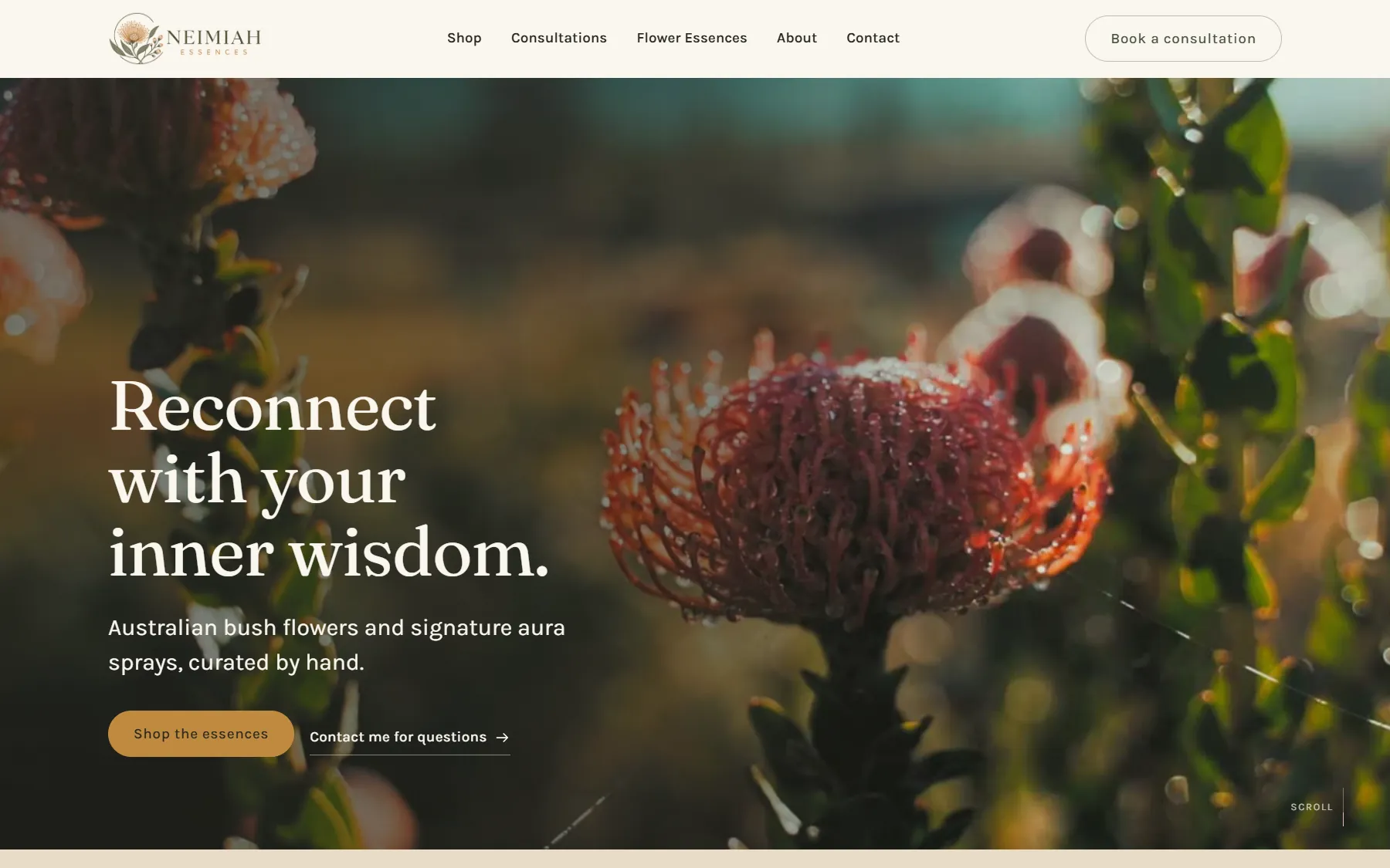 After: the new Neimiah Essences website, with a full-screen Australian bush flower and the headline Reconnect with your inner wisdom