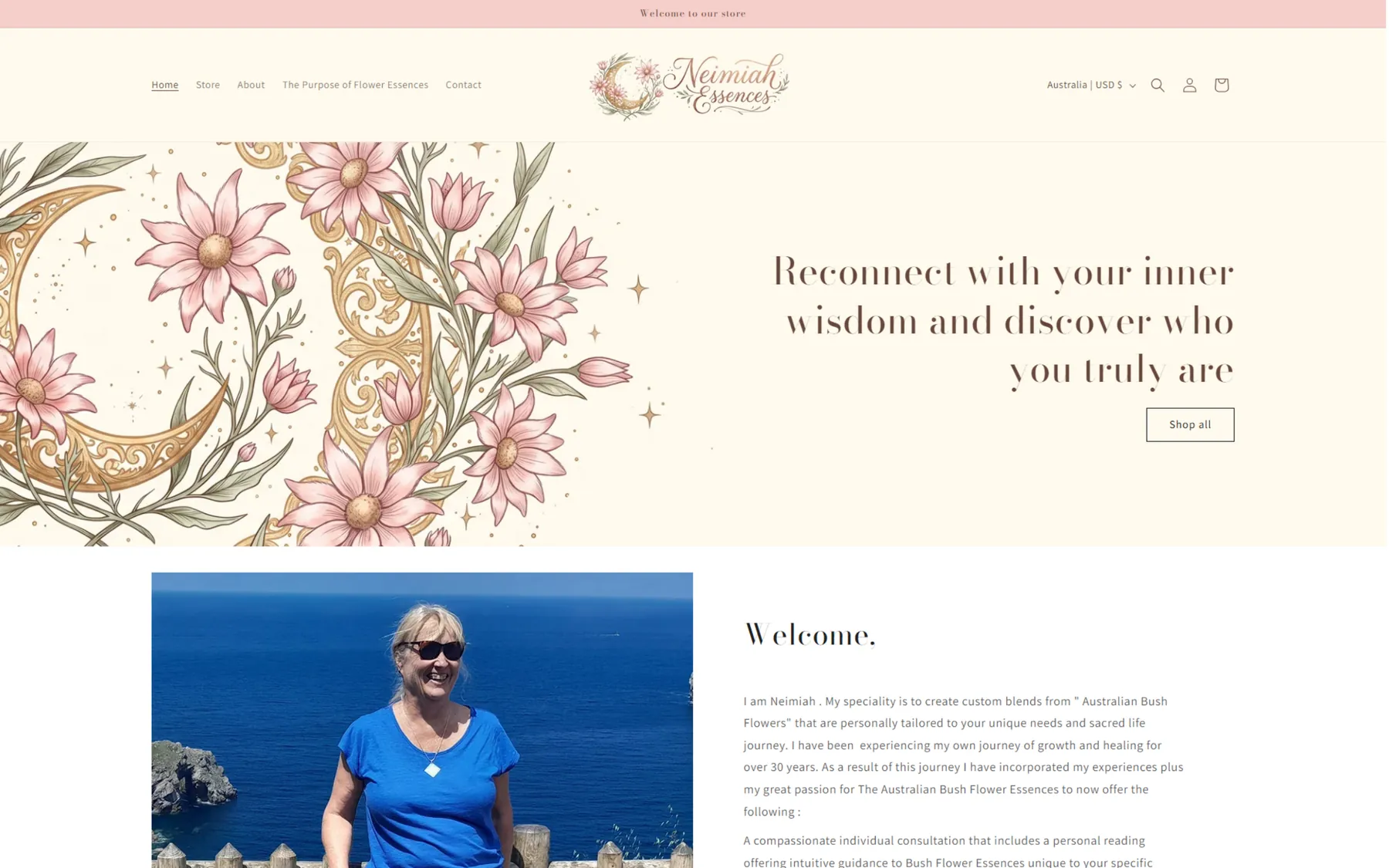 Before: her previous Shopify store, with a default template and a pink welcome bar